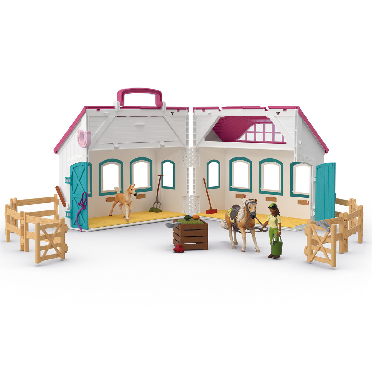 Horse Club Open Stable Little Horseshoe playset with pink roof, cream walls, teal doors and windows, featuring horse ...