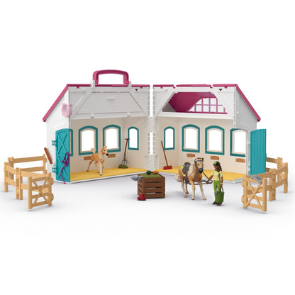 Horse Club Open Stable Little Horseshoe playset with pink roof, cream walls, teal doors and windows, featuring horse ...