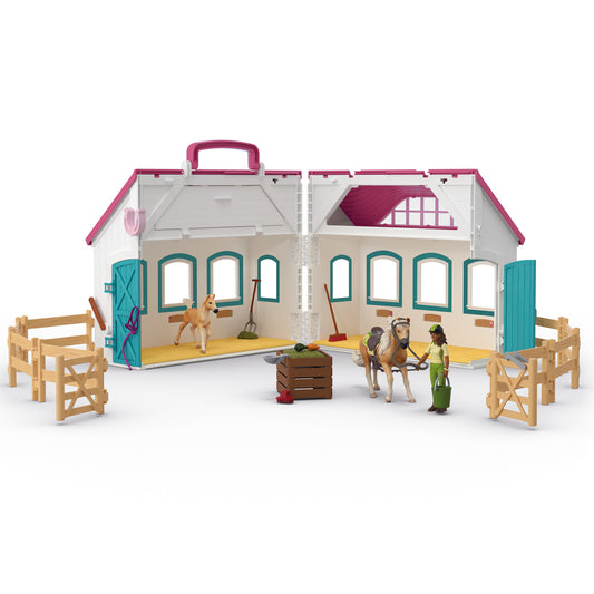 Horse Club Open Stable Little Horseshoe playset with pink roof, cream walls, teal doors and windows, featuring horse ...