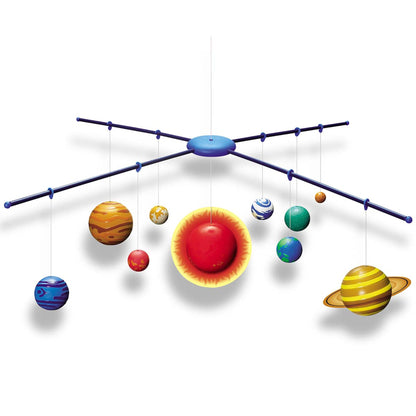 4M Solar System Model Kit with colorful painted planets and sun mobile hanging from blue rod