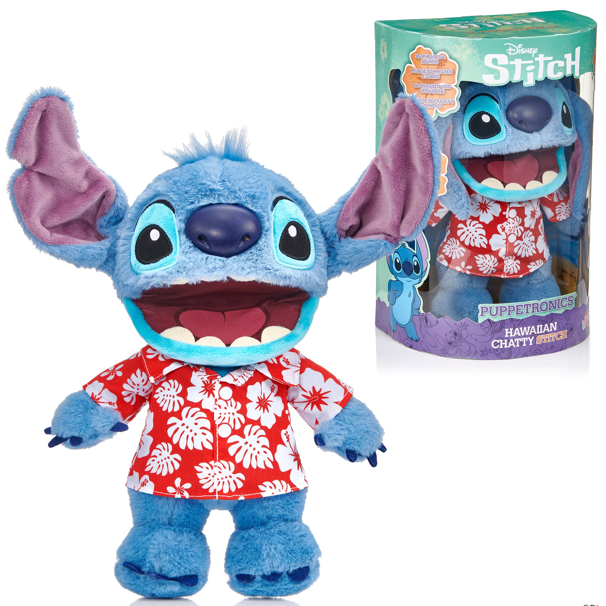 Disney Hawaiian Chatty Stitch Puppetronic plush toy with blue fur, pink ears, red floral shirt