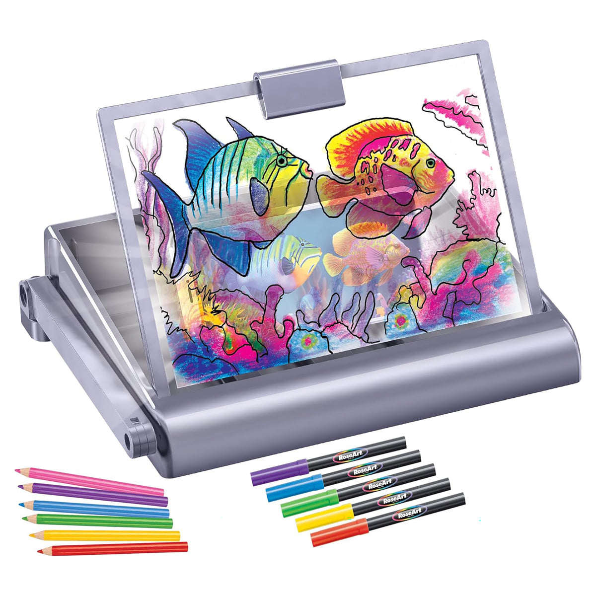 Light box drawing desk with colorful tropical fish and coral artwork displayed, includes multicolor pencils and markers for tracing and drawing