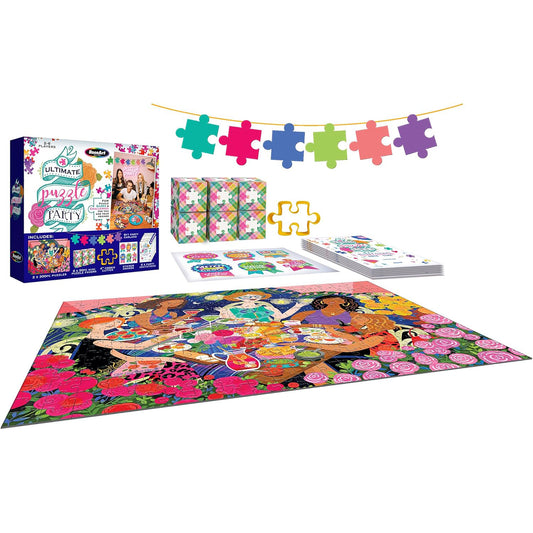 Ultimate Puzzle Party Game Night Set with colorful jigsaw puzzles, puzzle piece garland banner, argyle cube puzzles, instruction sheets, and completed puzzle fe