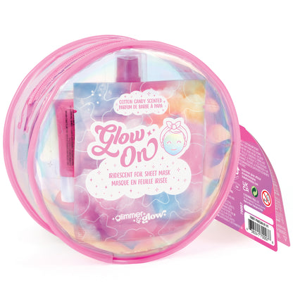 Glimmer & Glow beauty bag with pink case, cotton candy scented mist, sheet mask, and lip gloss