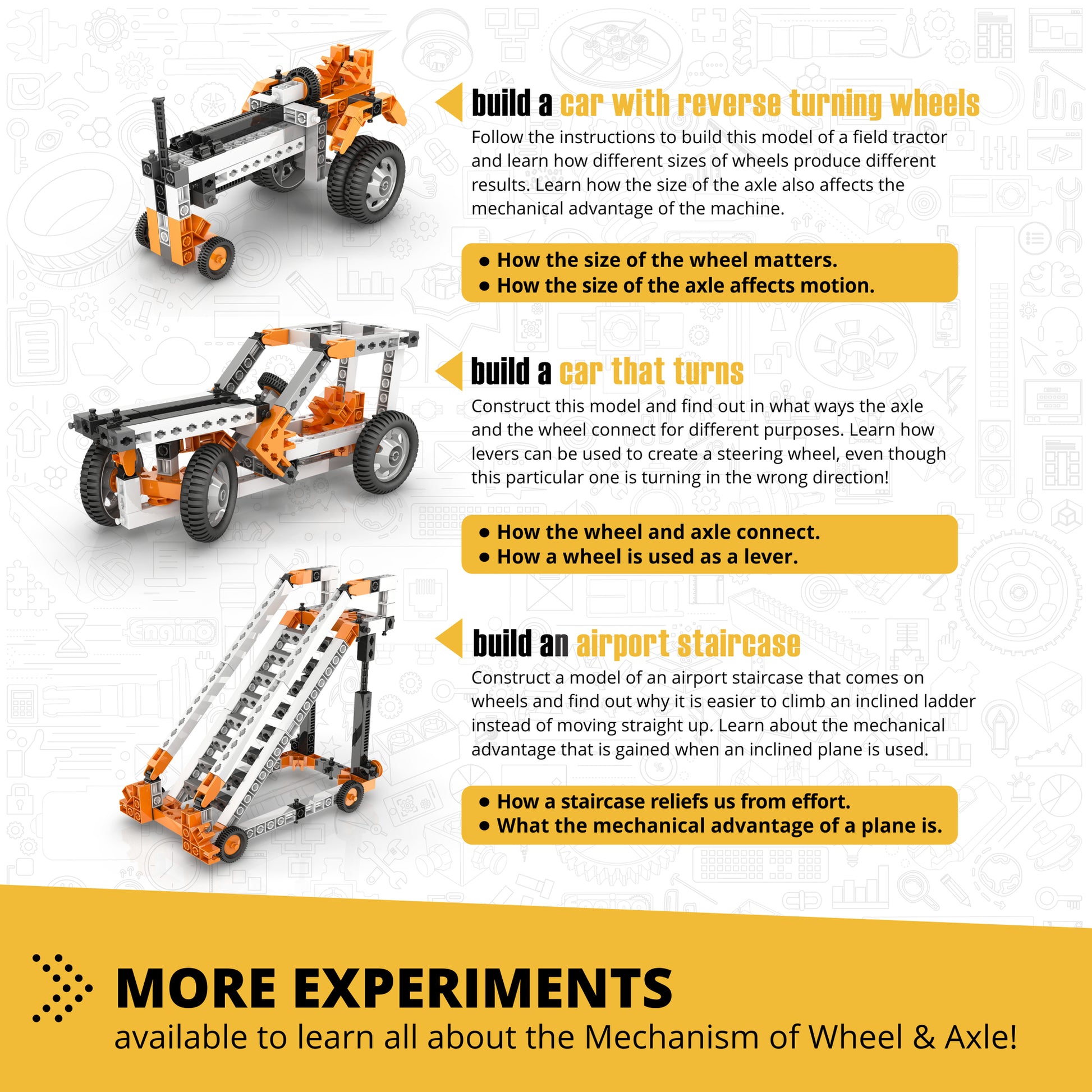 Engino STEM Mechanics building set with orange and black toy models including tractor, car, and airport staircase