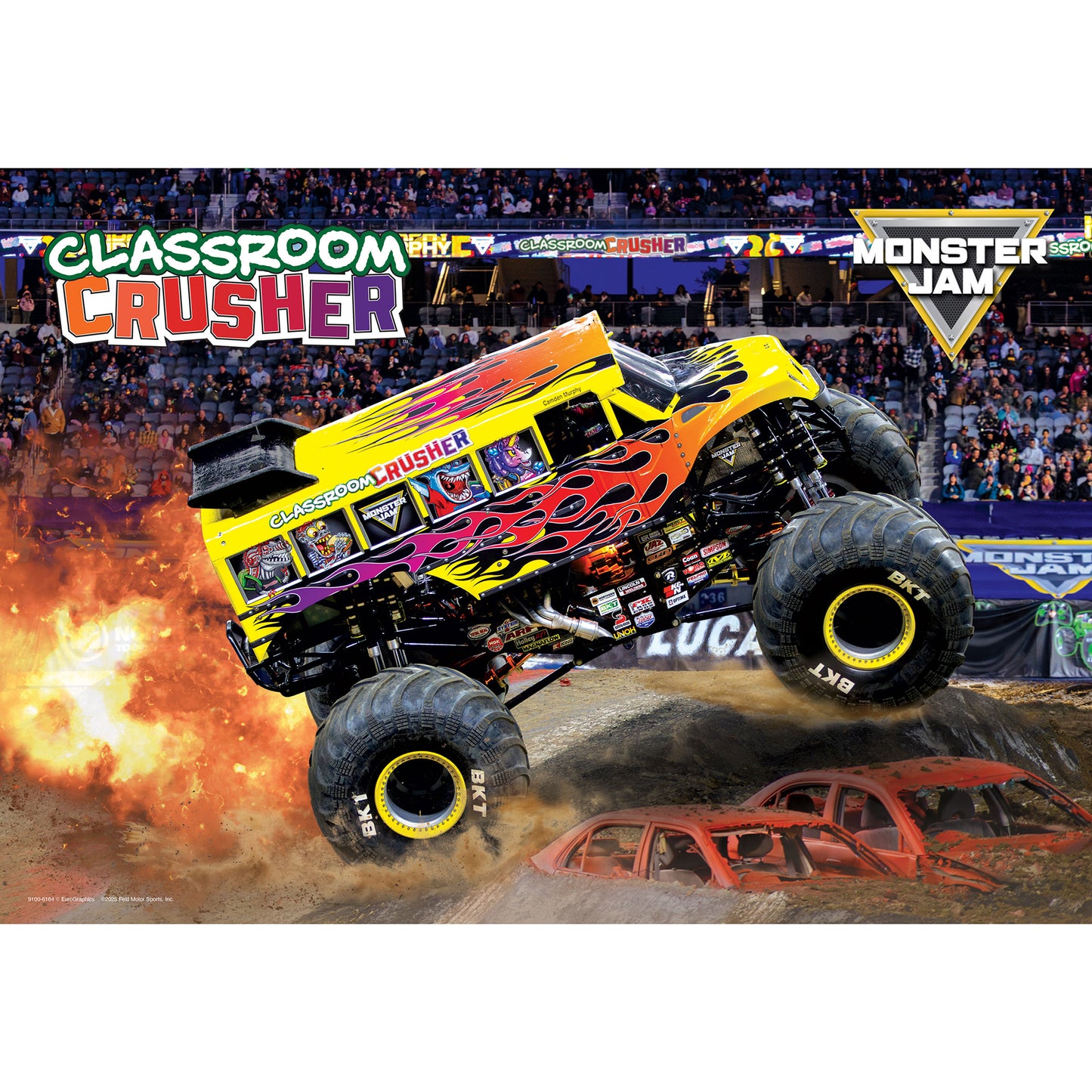 Monster Jam Classroom Crusher yellow and orange truck puzzle with lunch bag set