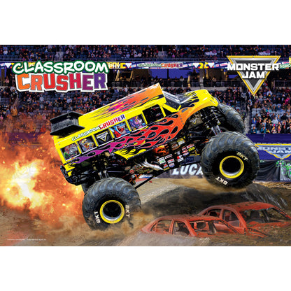 Monster Jam Classroom Crusher yellow and orange truck puzzle with lunch bag set