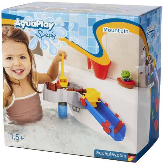 AquaPlay Sploshy Mountain water toy set with blue slide and yellow bucket for toddlers