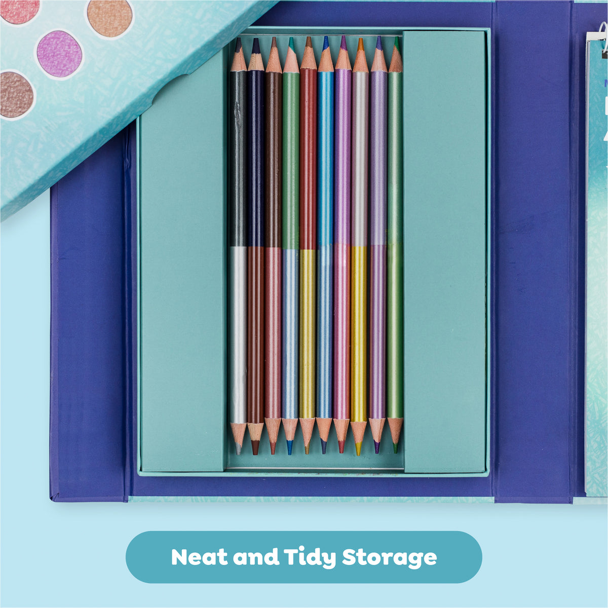 Pencil Art: Metallic Blend & Shade set with metallic pencils arranged in open storage box