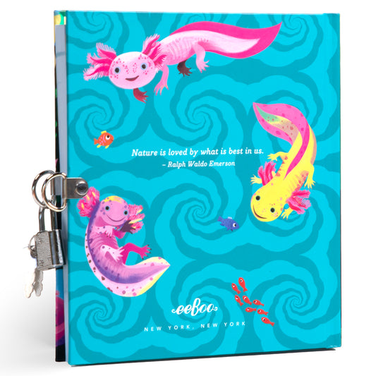 Turquoise hardcover journal with colorful illustrated axolotls in pink, yellow, and purple, featuring a lock and key closure on the spine