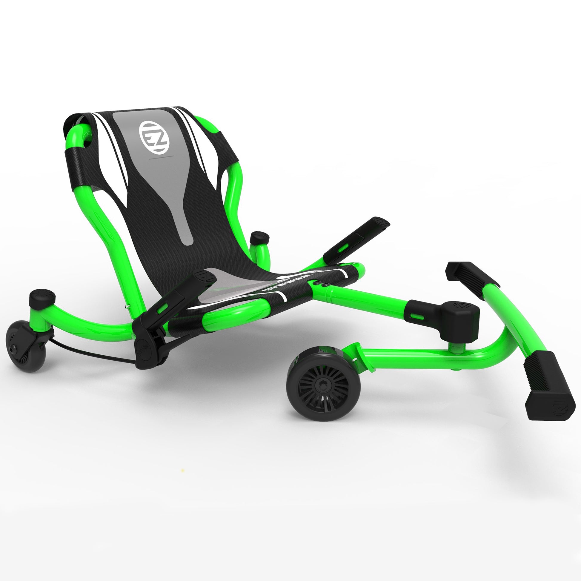 EzyRoller Spinner ride-on scooter in lime green, black, and gray with pedal-free twist steering and three wheels on plain background