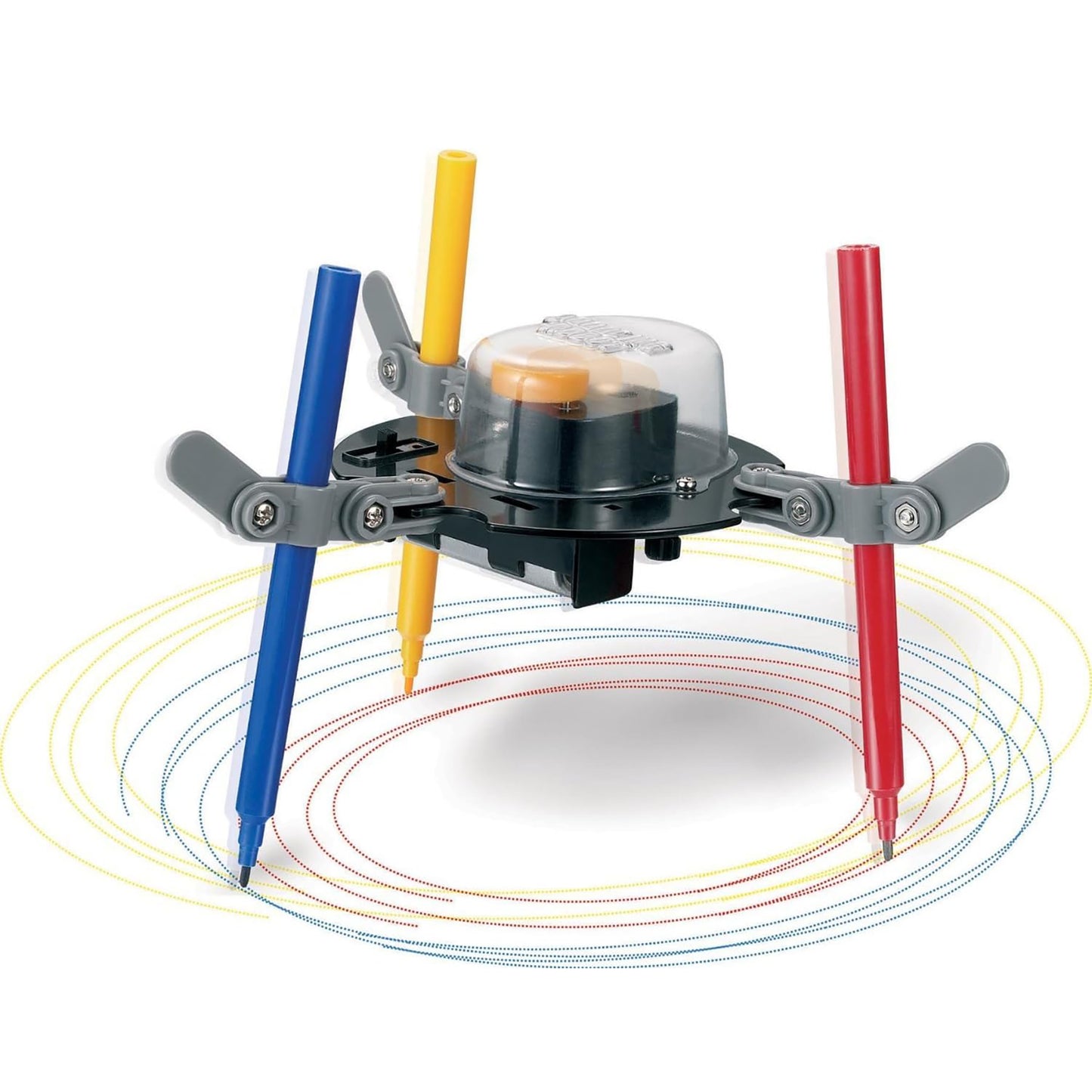 KidzRobotix Doodling Robot with blue, yellow, and red marker arms drawing colorful circles