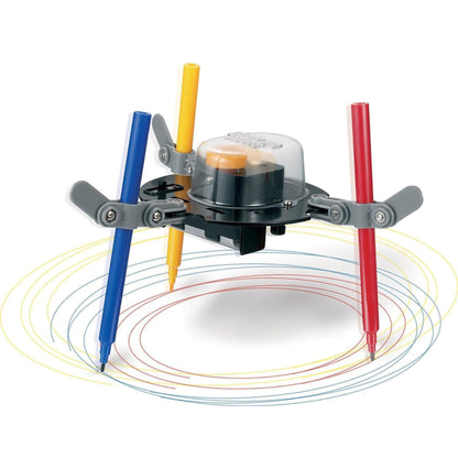 KidzRobotix Doodling Robot with blue, yellow, and red marker arms drawing colorful circles