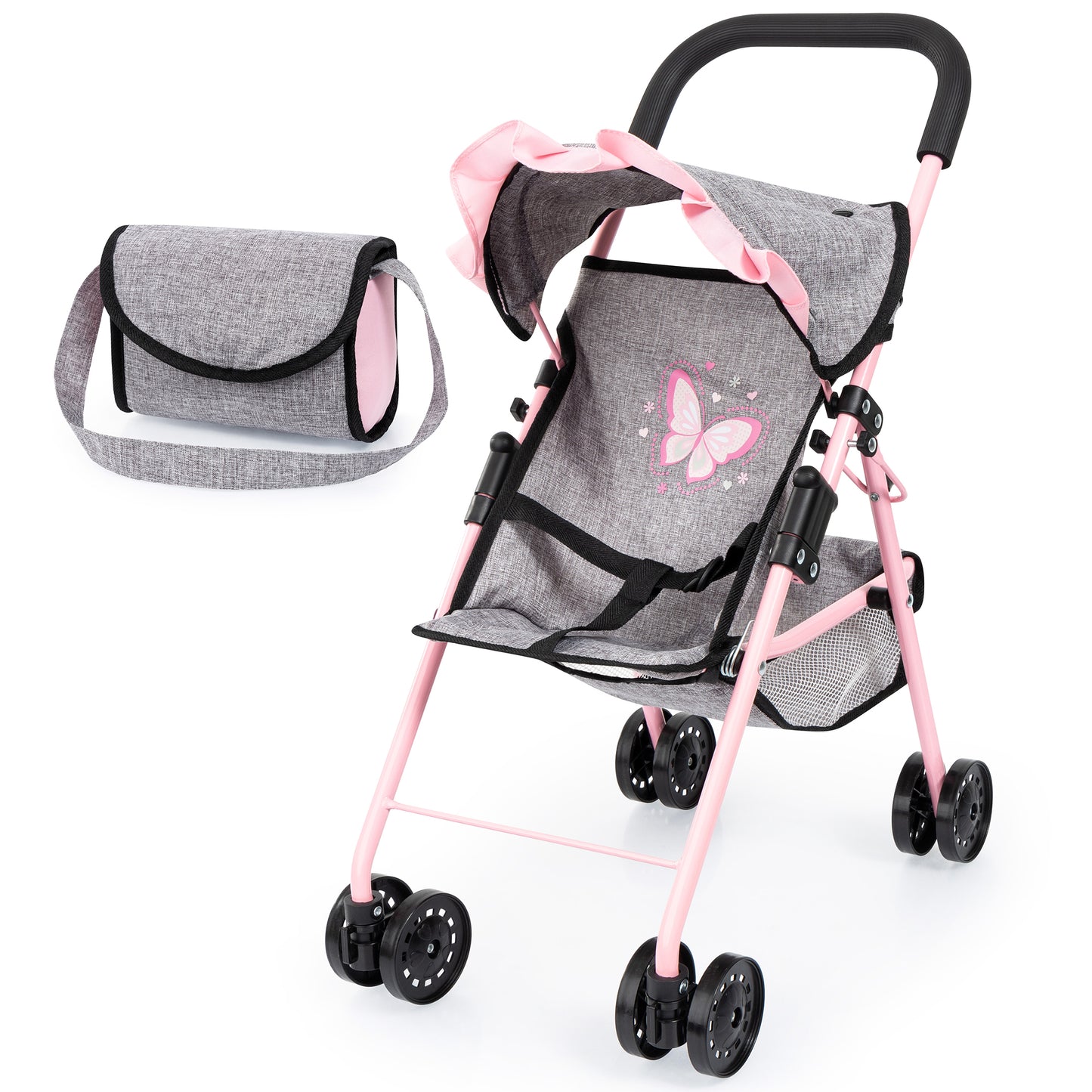 Doll buggy stroller with grey fabric seat, pink frame, black wheels, and matching grey diaper bag with pink butterfly design