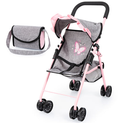Doll buggy stroller with grey fabric seat, pink frame, black wheels, and matching grey diaper bag with pink butterfly design