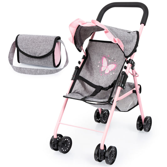 Doll buggy stroller with grey fabric seat, pink frame, black wheels, and matching grey diaper bag with pink butterfly design