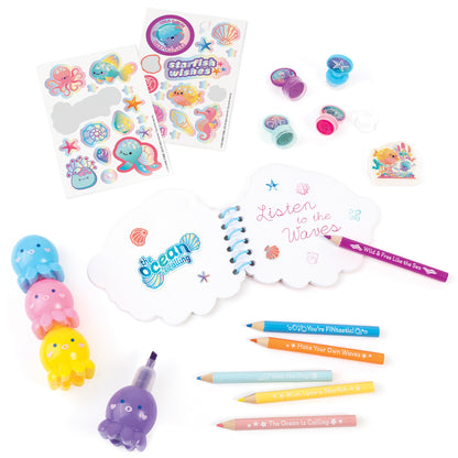 3C4G Seas The Day Portable Stationary Set with colorful ocean-themed stickers, pencils, and jellyfish toys