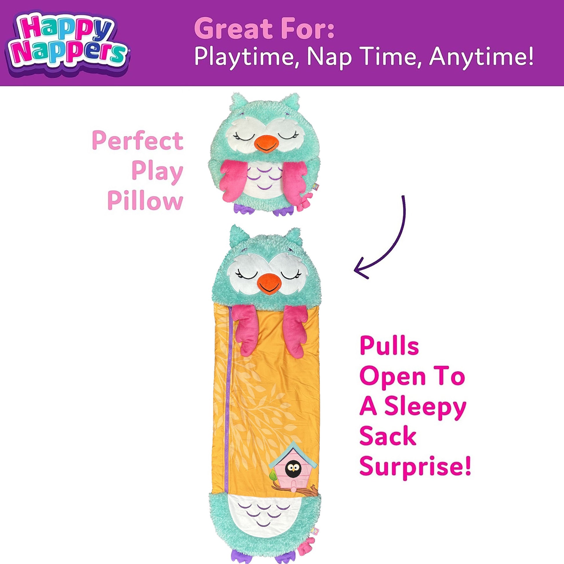 Happy Nappers green owl 2-in-1 pillow and sleepy sack plush toy