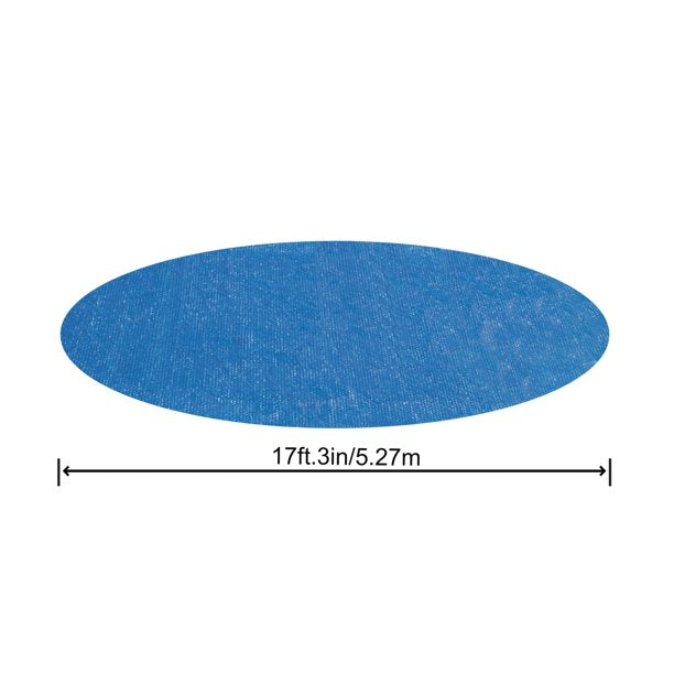 Blue solar pool cover shown from above with measurement indicator of 17ft 3in/5.27m diameter