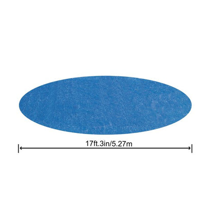 Blue solar pool cover shown from above with measurement indicator of 17ft 3in/5.27m diameter