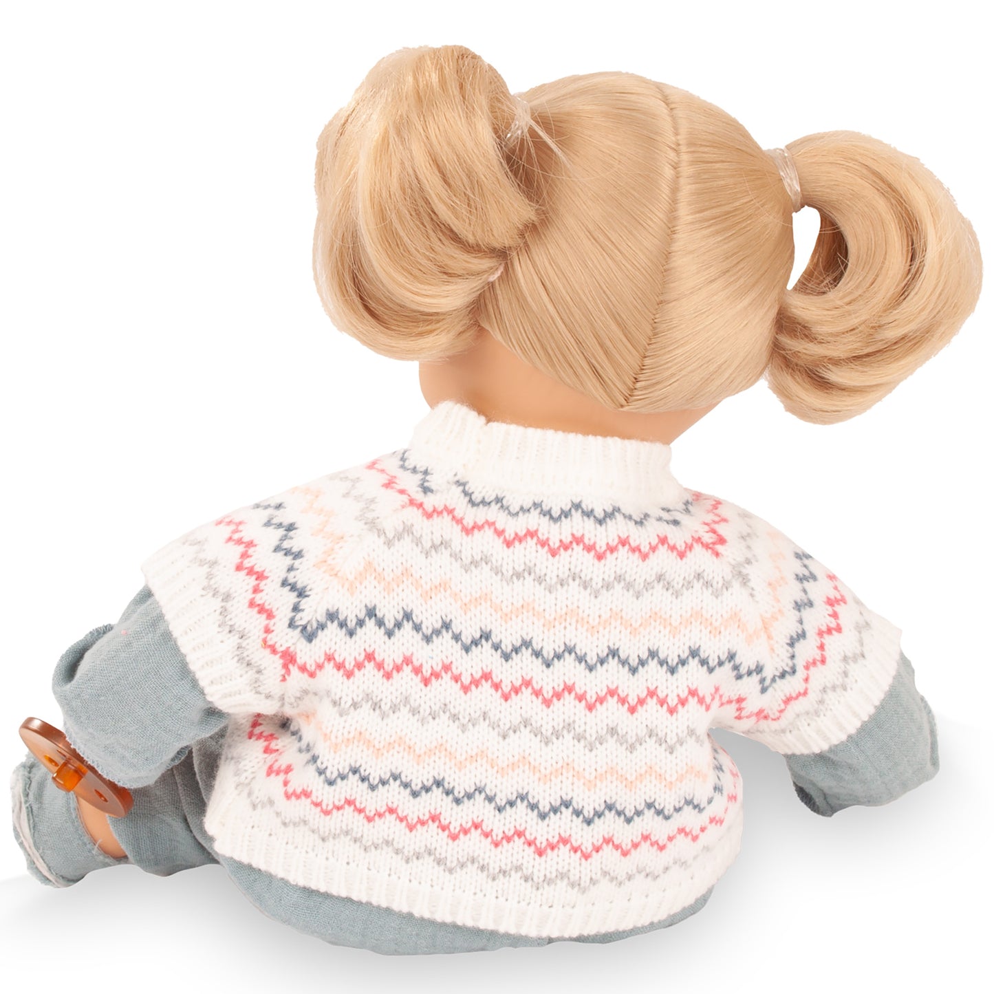 Gotz Muffin Zig Zag 13" doll with blonde pigtails wearing chevron knit sweater