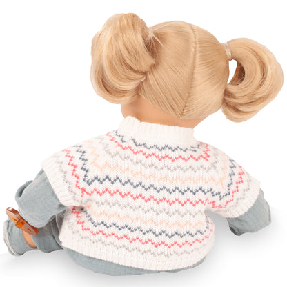 Gotz Muffin Zig Zag 13" doll with blonde pigtails wearing chevron knit sweater