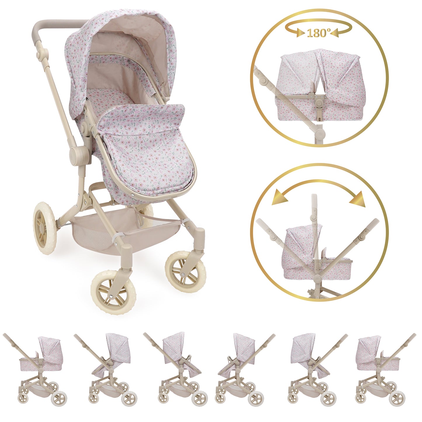 509 Crew Little Flora City Park 2-in-1 pink doll pram with reversible seat and folding stroller