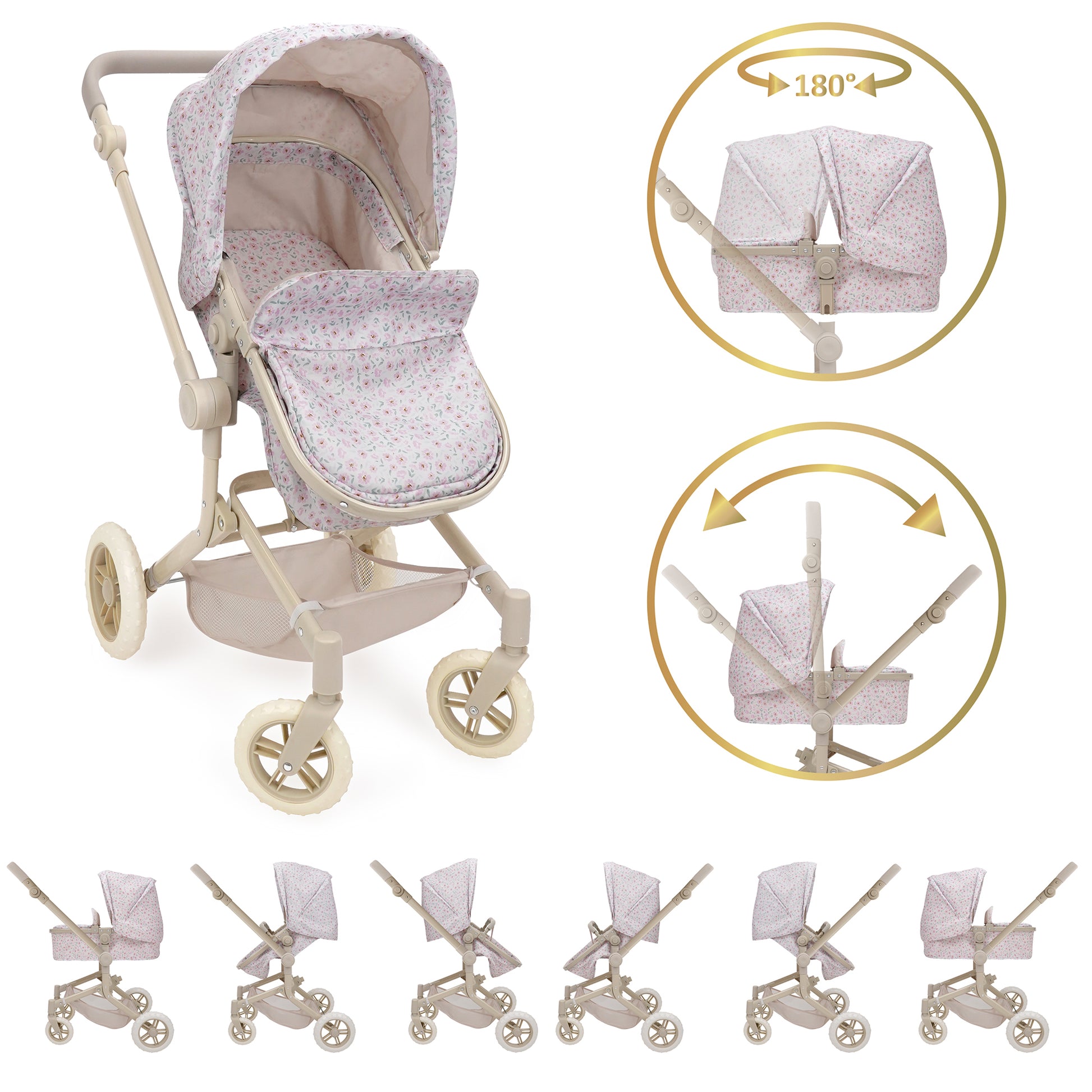 509 Crew Little Flora City Park 2-in-1 pink doll pram with reversible seat and folding stroller