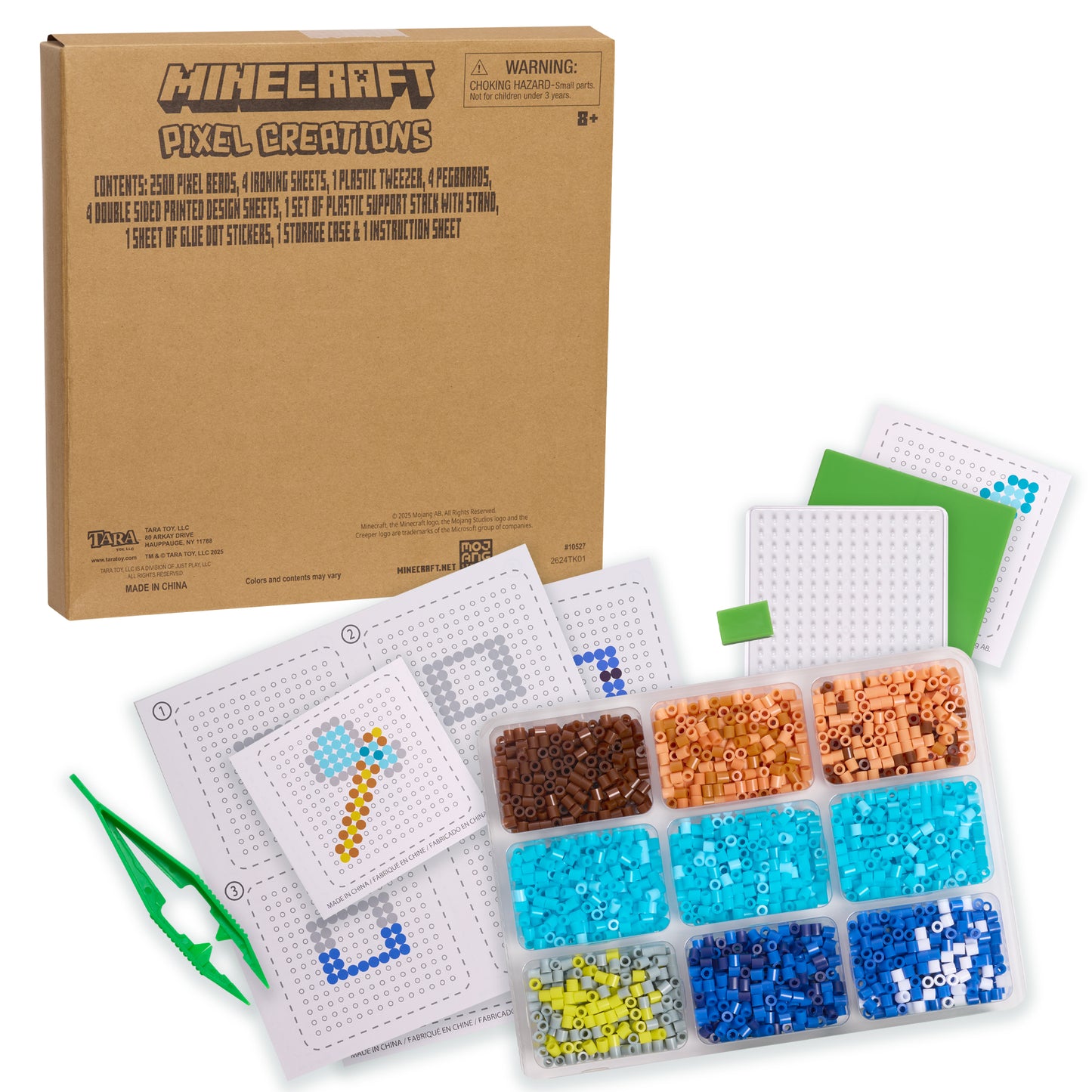 Minecraft Pixel Creations bead craft kit with cardboard box, instruction sheets, plastic tweezers, and storage containers filled with brown, orange, cyan, blue,