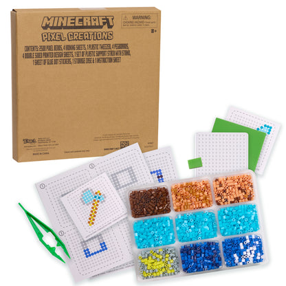 Minecraft Pixel Creations bead craft kit with cardboard box, instruction sheets, plastic tweezers, and storage containers filled with brown, orange, cyan, blue,