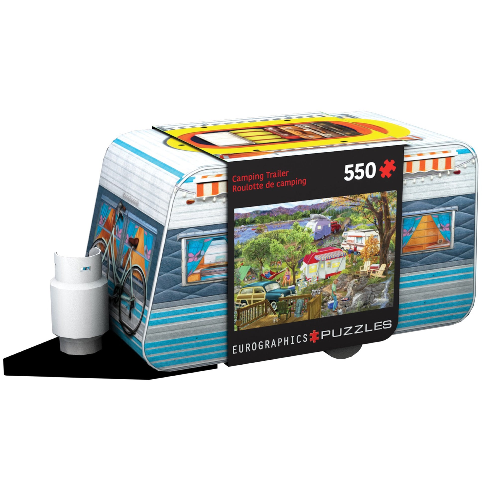 Eurographics Camping Trailer 550 Piece Puzzle in vintage tin box with camping scene