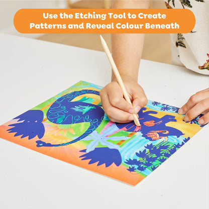 Tiger Tribe Dinosaur Scratch Art Kit - 8 Colorful Illustrations, Wooden Tools, Ages 5+