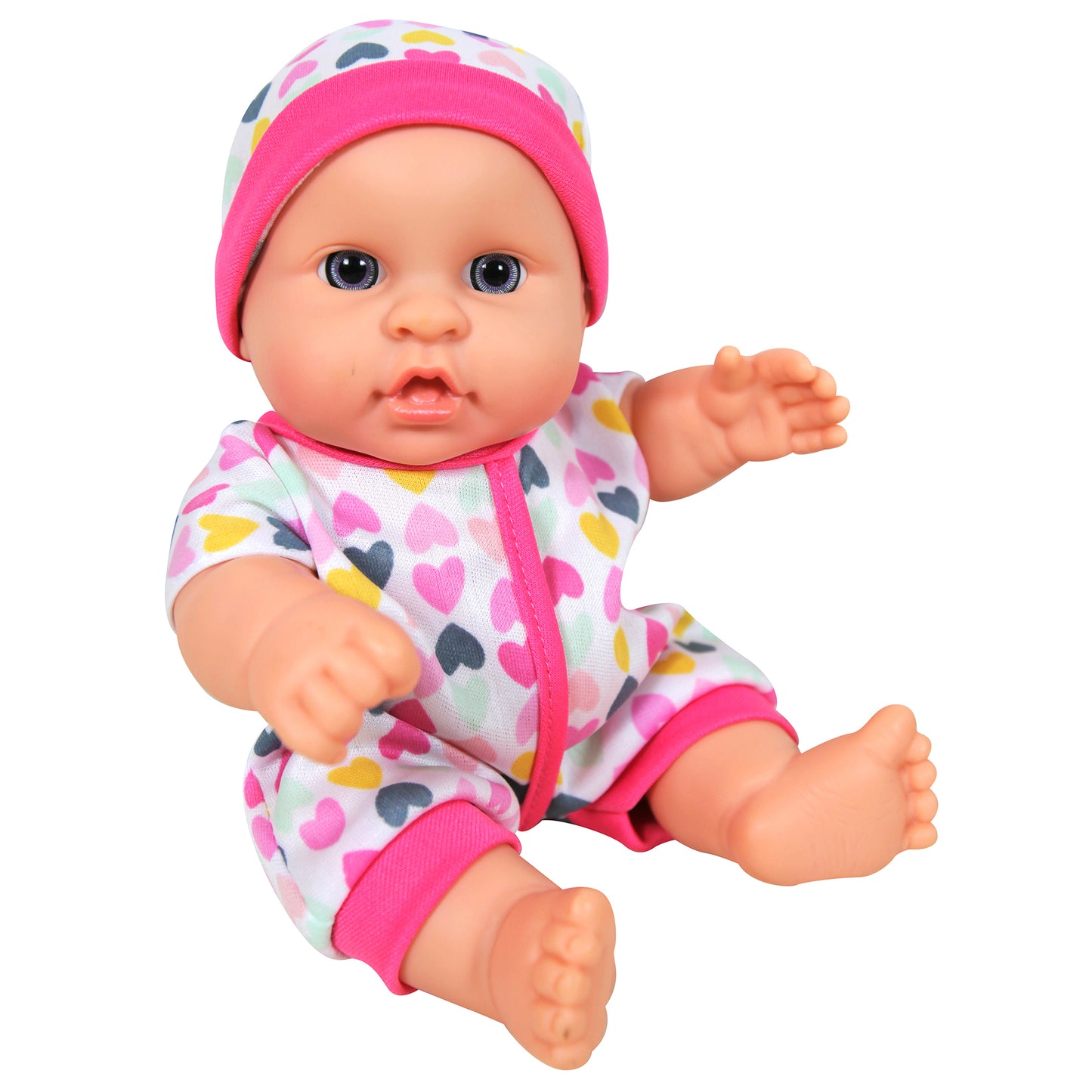 Baby doll with blue eyes wearing pink heart-print outfit with matching pink hat and cuffs, on plain background
