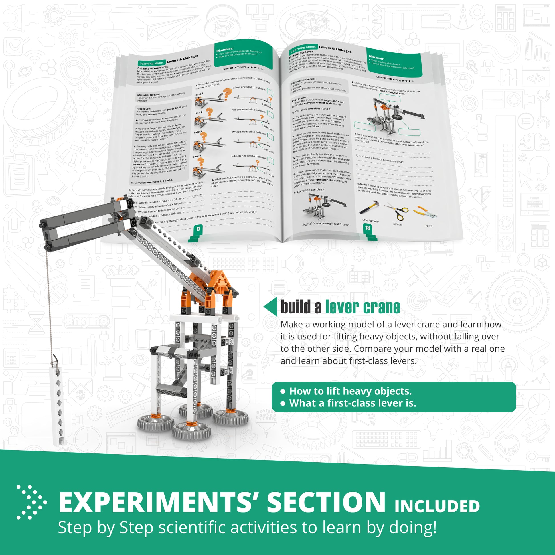 Engino Discovering STEM Mechanics building set with orange and gray lever crane model and instruction manual