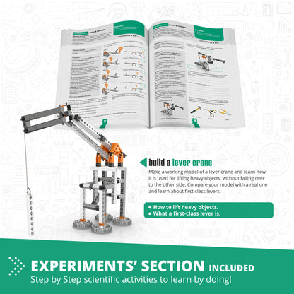 Engino Discovering STEM Mechanics building set with orange and gray lever crane model and instruction manual