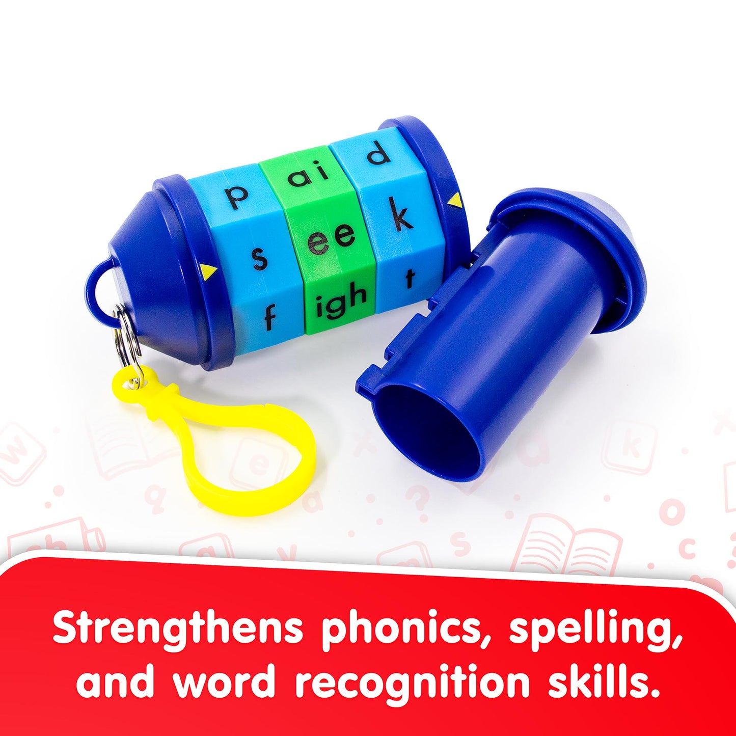Junior Learning Spidget Word Tumbler blue phonics toy with colorful letter rings and yellow keychain