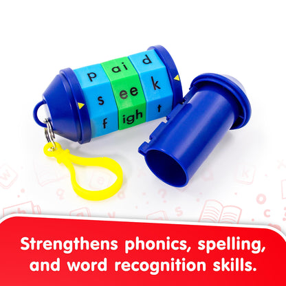Junior Learning Spidget Word Tumbler blue phonics toy with colorful letter rings and yellow keychain