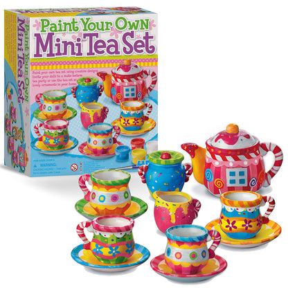 KidzMaker Paint Your Own Mini Tea Set with colorful teacups, saucers, and teapot