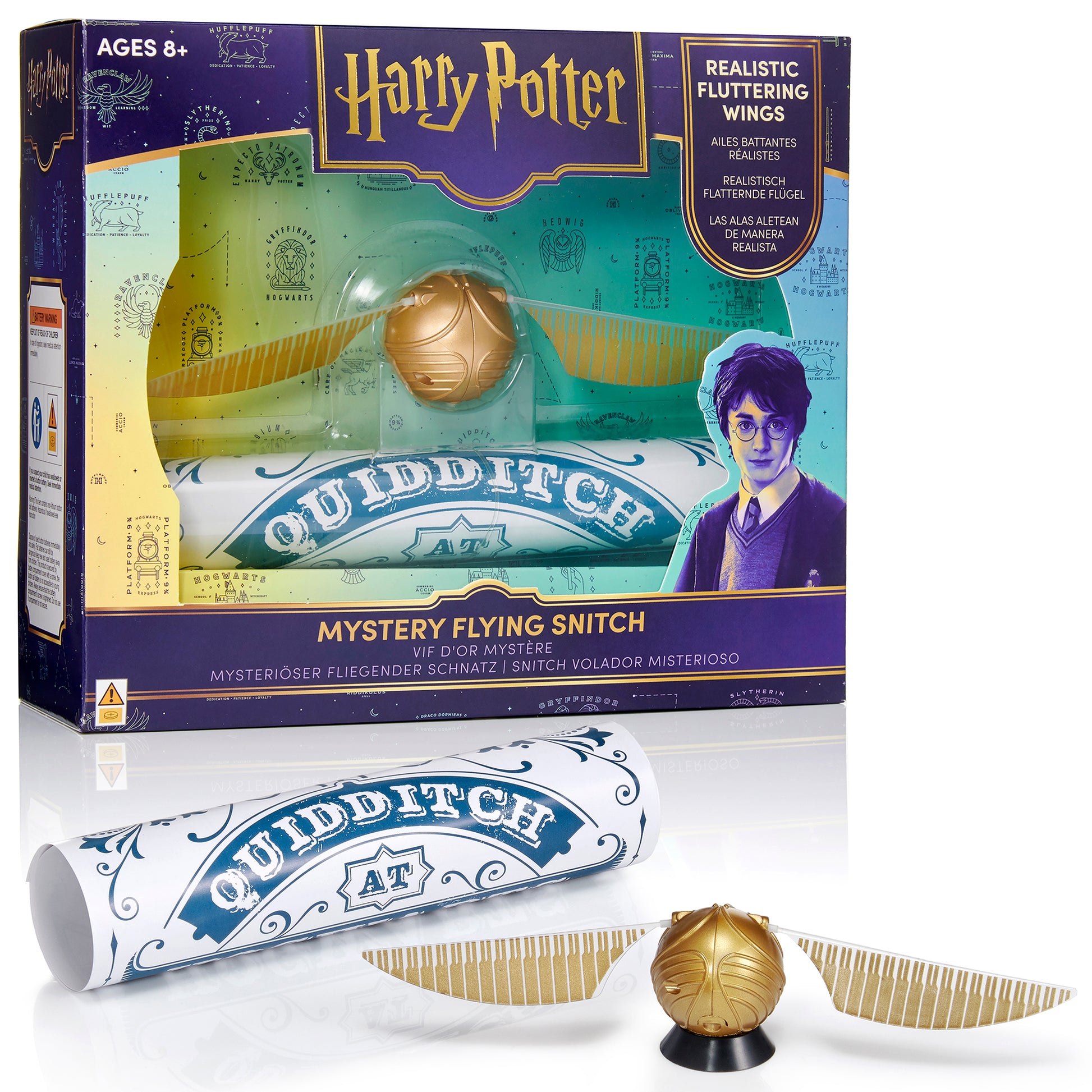 Harry Potter Mystery Flying Golden Snitch toy set with golden ball, white Quidditch tube, and gold wings with realistic fluttering action, displayed with packag