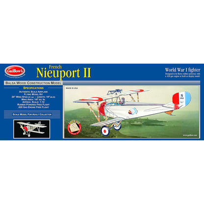 Guillow's Nieuport II WWI Fighter balsa wood model kit with red and white biplane design
