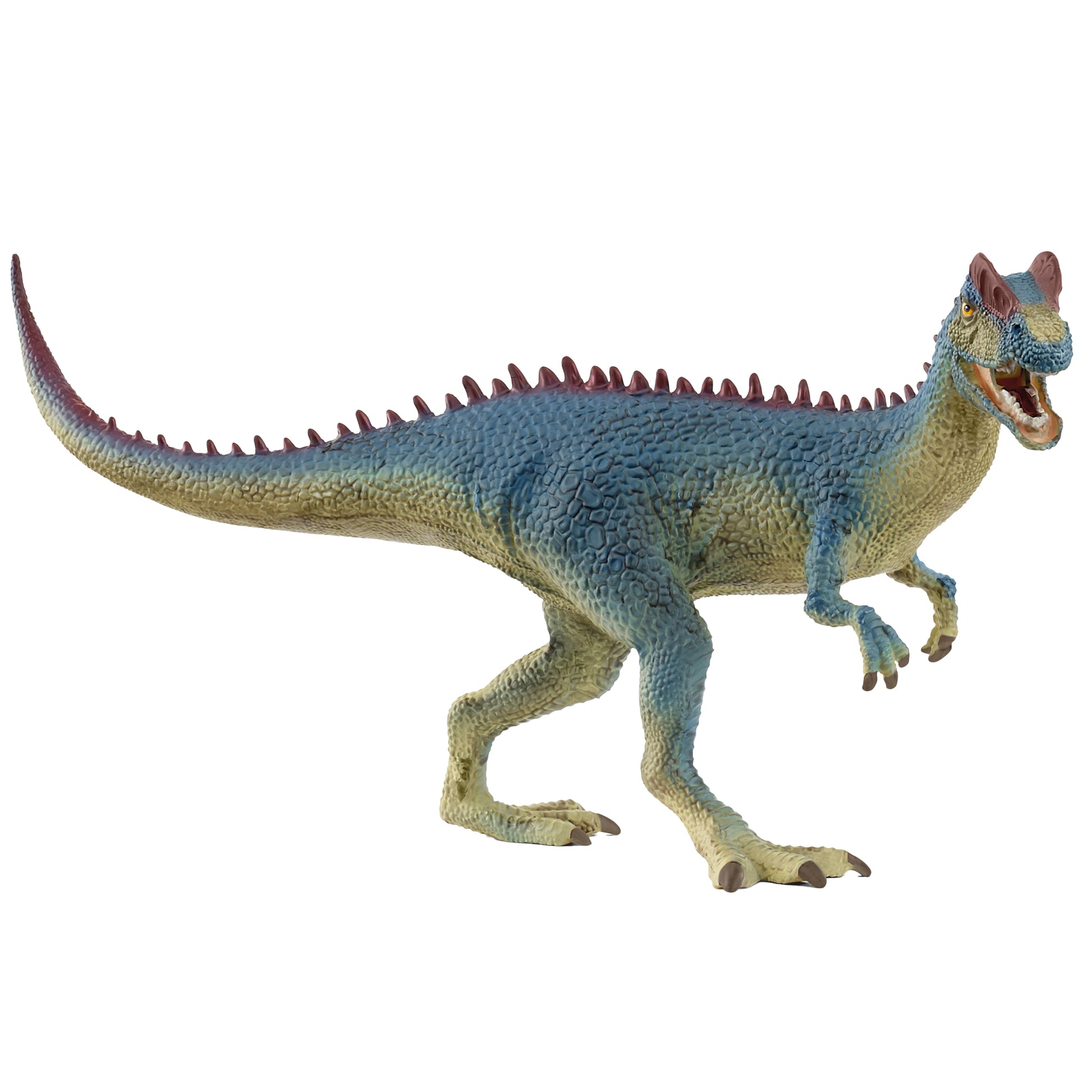 Blue and yellow Dilophosaurus dinosaur action figure with red spikes along its back and movable jaw, shown against plain background