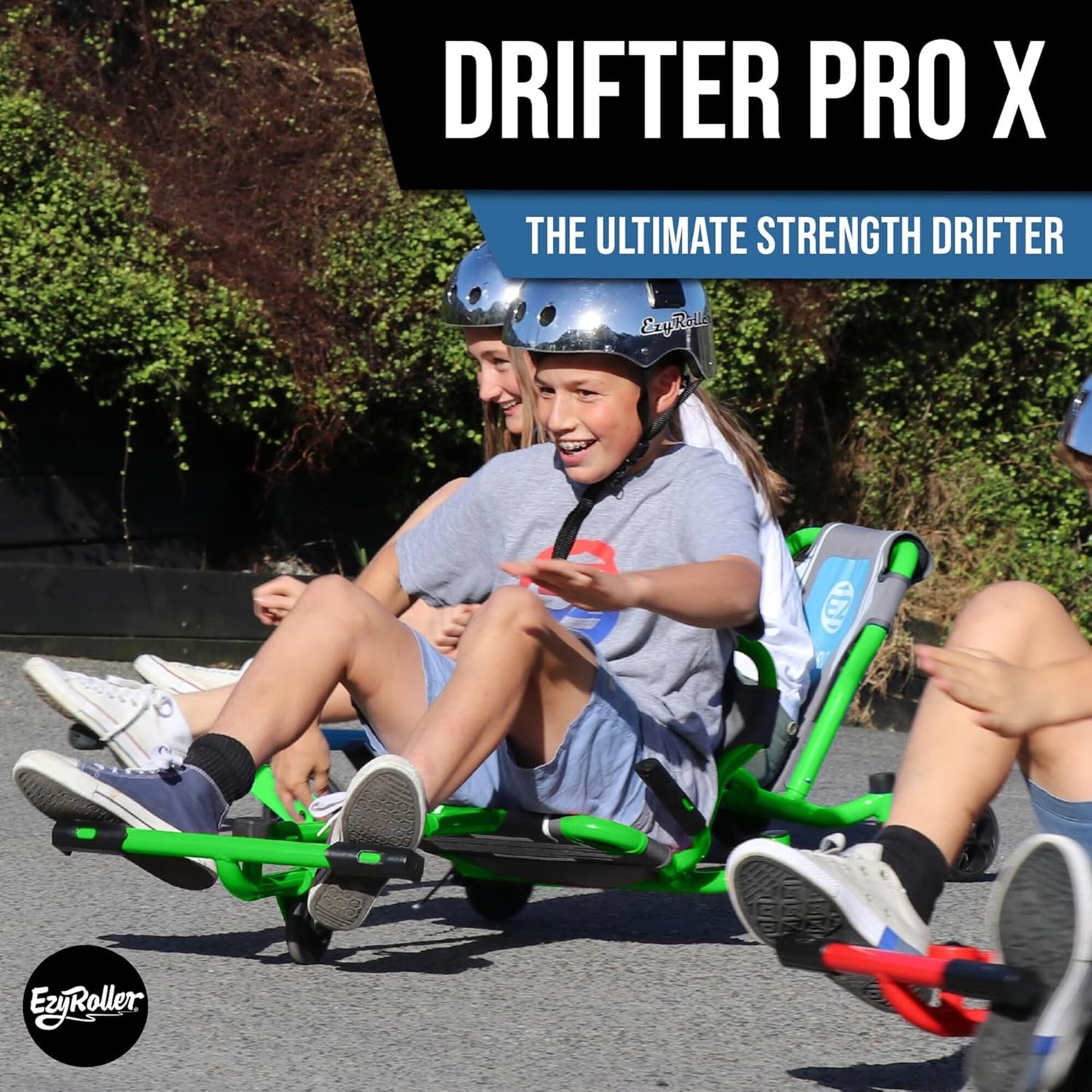 EzyRoller Drifter Pro X lime green ride-on toy with girl in helmet drifting
