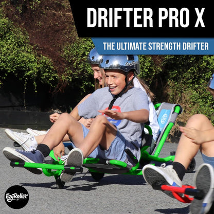 EzyRoller Drifter Pro X lime green ride-on toy with girl in helmet drifting