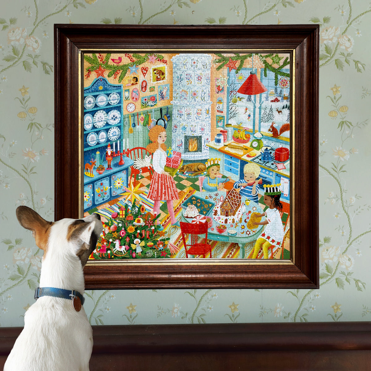 eeBoo Swedish Holiday Kitchen 1000-piece jigsaw puzzle featuring a festive Scandinavian kitchen scene with holiday de...