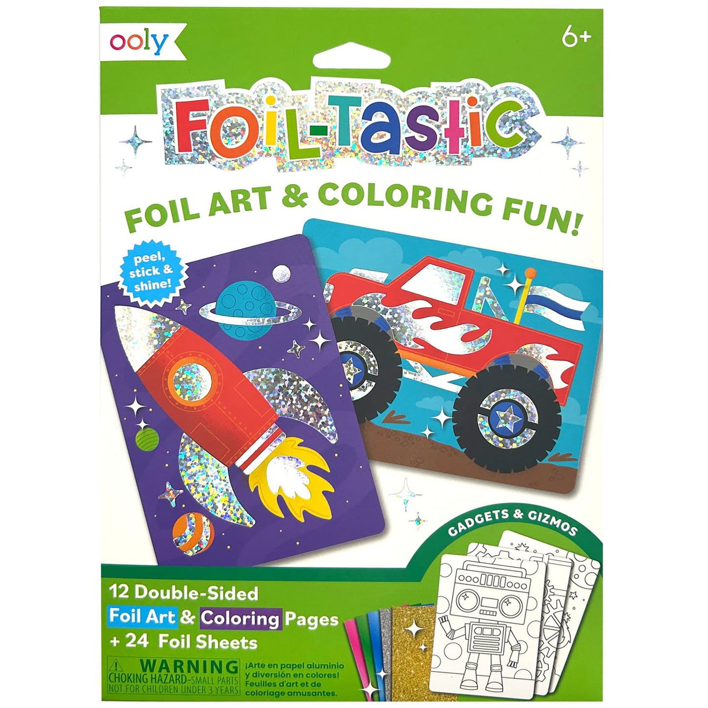 OOLY Foil-Tastic foil art and coloring set package showing purple space-themed and red monster truck design pages with shimmer foil stickers, plus gadgets and g
