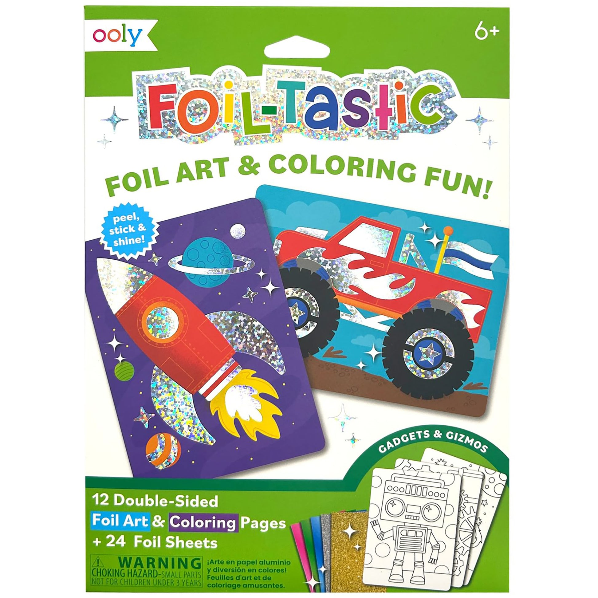 OOLY Foil-Tastic foil art and coloring set package showing purple space-themed and red monster truck design pages with shimmer foil stickers, plus gadgets and g