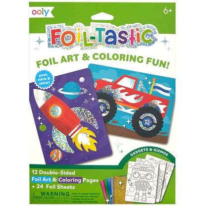 OOLY Foil-Tastic foil art and coloring set package showing purple space-themed and red monster truck design pages with shimmer foil stickers, plus gadgets and g