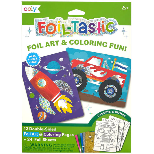 OOLY Foil-Tastic foil art and coloring set package showing purple space-themed and red monster truck design pages with shimmer foil stickers, plus gadgets and g