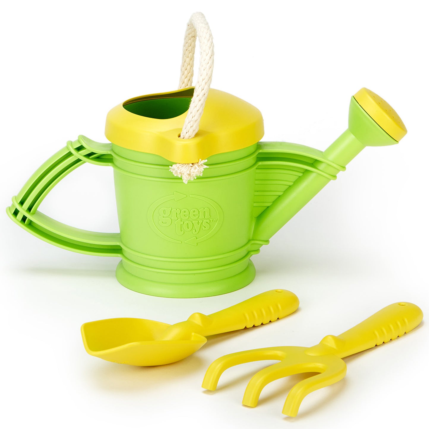 Green watering can with yellow top and rope handle, includes yellow shovel, scoop, and rake garden tools