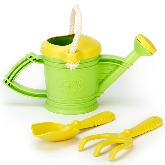 Green watering can with yellow top and rope handle, includes yellow shovel, scoop, and rake garden tools